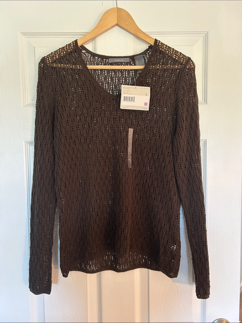 Liz Claiborne Brown Open-Knit V-Neck Long Sleeve Sweater